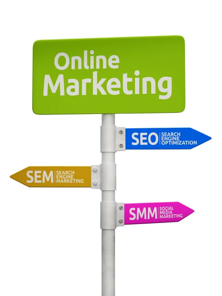 Online pazarlama seo, sem ve smm işaret yol levhası