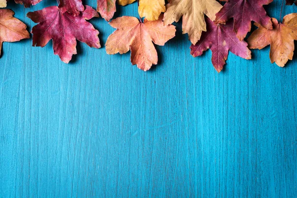 Light Blue Wooden Background Dry Autumn Leaves Top Copy Space — Stock Photo, Image