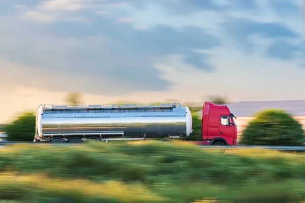 Tanker Truck Driving Fast Highway Side View — Stockfoto