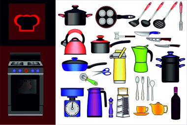 Kitchen, cooking utensils, crockery clipart