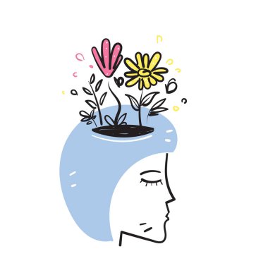 Elle çizilmiş karalama İnsan veya kadın kafası içinde çiçekler olan çizim vektörü