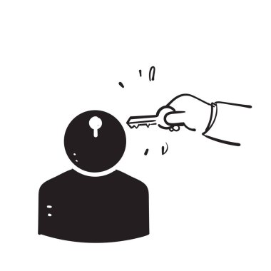 Açık zihin konsepti vektörü için bir anahtar deliği ve anahtar sembolü olan insan kafası çizildi