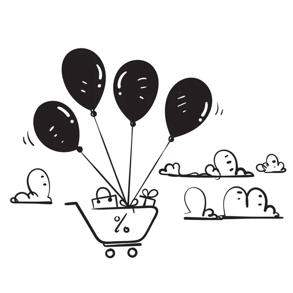 Sac Dos Chariot Dessinés Main Volant Avec Illustration Ballon Noir — Image vectorielle