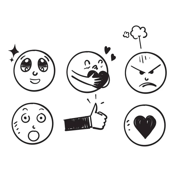 Mão Desenhado Doodle Face Reação Emoção Ilustração Ícone Coleção Vetor — Vetor de Stock