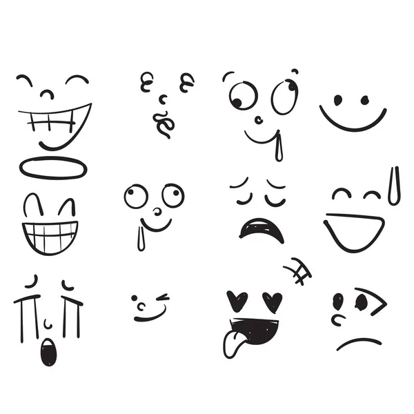 Mão Desenhado Doodle Face Reação Emoção Ilustração Ícone Coleção Vetor — Vetor de Stock