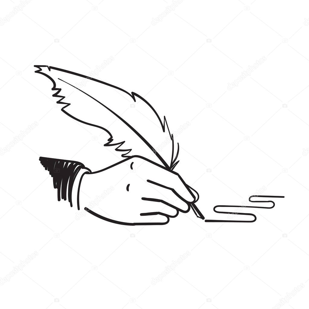 hand drawn doodle hand holding quill pen with writing gesture illustration