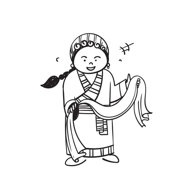 Ručně Kreslené Čmáranice Tibetská Dívka Drží Kus Látky Symbol Pro — Stockový vektor