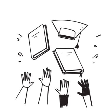 Elle çizilmiş karalama elleri kitap ve mezuniyet şapkası illüstrasyon vektörüne ulaşır ya da fırlatır.