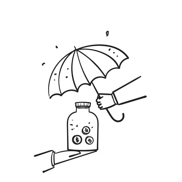 Handgetekend Doodle Geld Paraplu Symbool Voor Financiële Bescherming Illustratie Pictogram — Stockvector