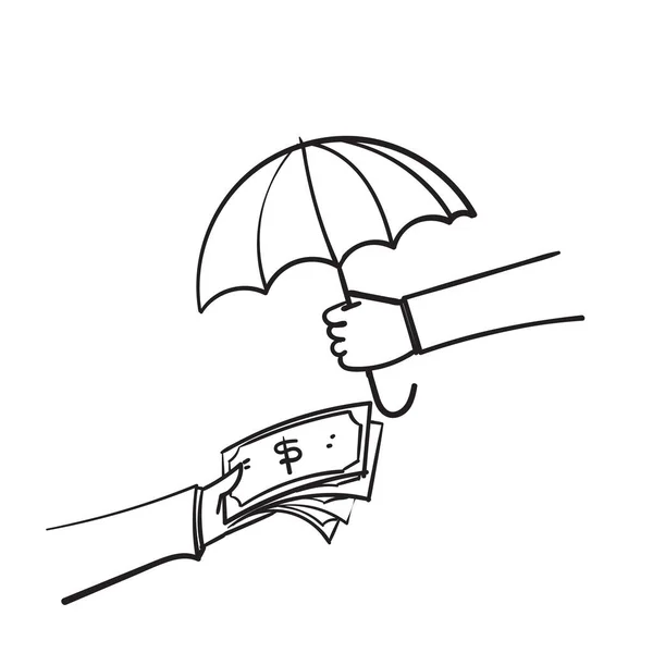 手绘涂鸦货币和保护伞符号用于财务保护说明图标隔离 — 图库矢量图片