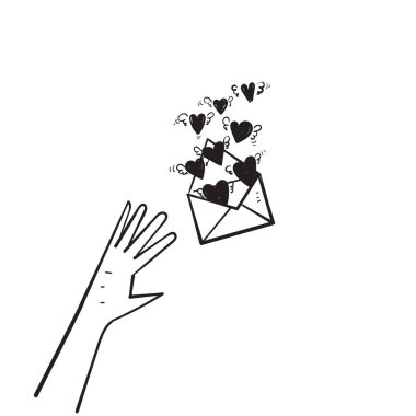 El çizimi karalama zarfı aşk işareti uçan illüstrasyon vektörü