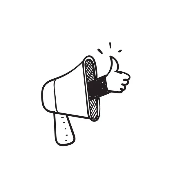 Hand Drawn Doodle Megaphone Thumb Gesture Symbol Illustration — Vetor de Stock