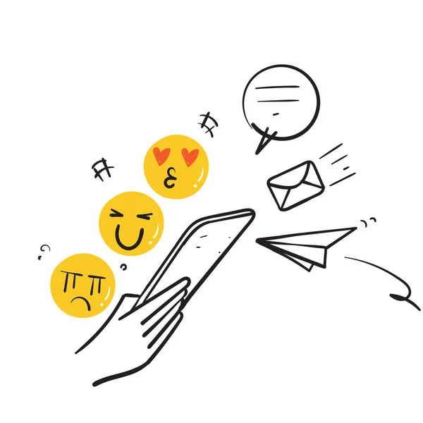 Hand Drawn Doodle Hand Holding Phone Send Emoticon Chat Text — Stok Vektör