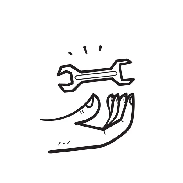 Hand Drawn Doodle Hand Holding Wrench Illustration Vector — ストックベクタ