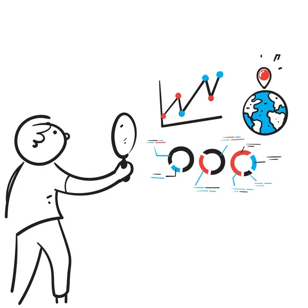 Hand Gezeichnet Doodle Mann Mit Lupe Analysieren Graph Und Diagramm — Stockvektor