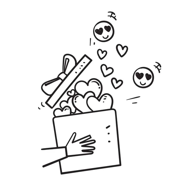 Mão Desenhada Doodle Caixa Presente Cheio Amor Coração Símbolo Ilustração —  Vetores de Stock