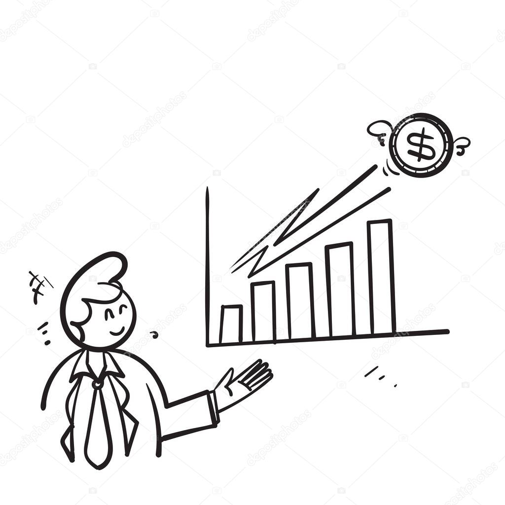 hand drawn doodle businessman showing big rising profit growth graph illustration vector