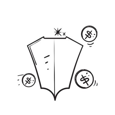 hand drawn doodle money and shield symbol for economic protection guaranteed
