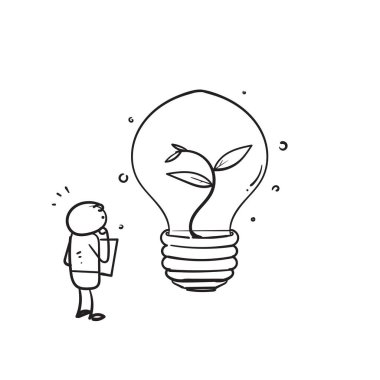 hand drawn doodle bulb with plant inside illustration for eco energy illustration