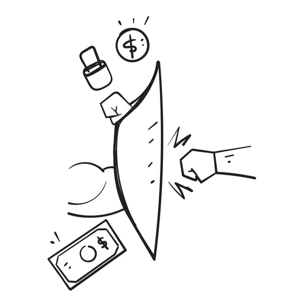 Hand Drawn Doodle Hand Punch Shield Money Symbol Economic Protection — Vector de stock