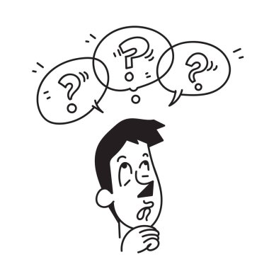 İleti kutusu soru işareti illüstrasyonuyla el çizimi karakteri