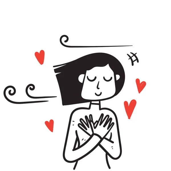 Mão Desenhado Doodle Mulher Manter Mãos Coração Amor Auto Ilustração —  Vetores de Stock