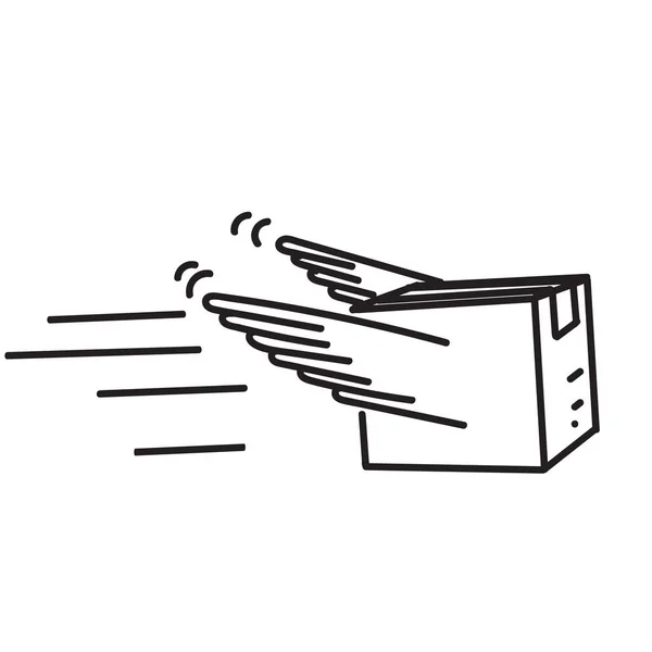 手描きのドアパッケージボックスに翼の空飛ぶイラスト — ストックベクタ