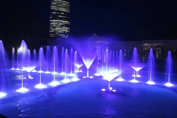 Fontaine Artistique Colorée Nuit — Photo