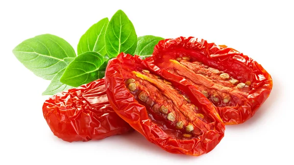 Mitades Tomate Secas Secas Con Albahaca Aislada —  Fotos de Stock