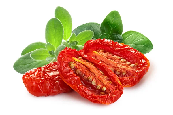 Mitades Tomate Secas Secas Con Mejorana Orégano Aislados —  Fotos de Stock