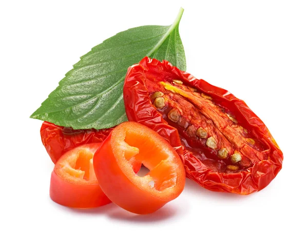 Mitades Tomate Secas Secas Con Chile Albahaca Aisladas —  Fotos de Stock