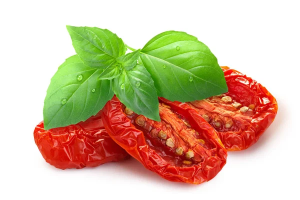 Dried Sundried Tomato Halves Basil Isolated 图库图片