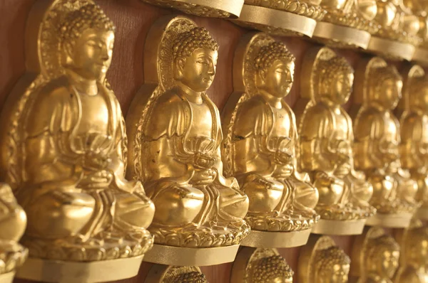 Shallow depth of field of numerous golden Buddha image — Stock Photo, Image