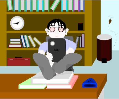 Tablo vektör kitap üzerinde ayaklı tablet eBook okuyun adam