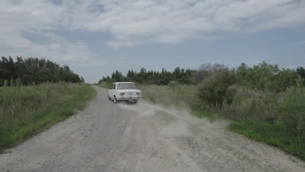 Kırsal yolda giden bir arabanın insansız hava aracı görüntüsü. boş bir tarladan geçen köy yolu — Stok video