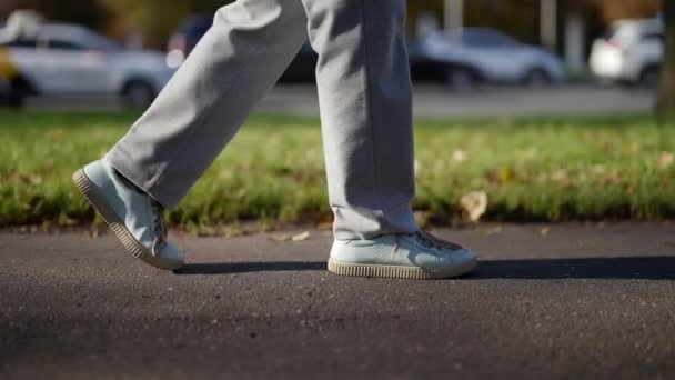 Vue latérale des jambes d'une personne marchant sur la route pendant la journée. Une femme confiante dans des chaussures à la mode, se déplaçant lentement à l'extérieur. — Video