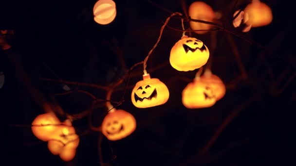 Ghirlanda di zucca di Halloween su un albero. Una zucca lucente su uno sfondo scuro. — Video Stock