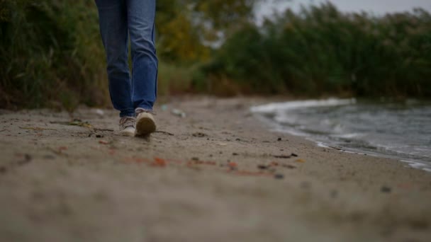 在阴天的白天，一位女士穿着舒适的鞋子和牛仔裤腿，沿着池塘边散步，进行特写。一个女人在度假，慢慢地走到外面. — 图库视频影像