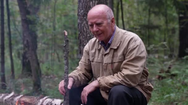 賢明な思慮深い老人は、森の中のキャンプファイヤーで一人で座って、屋外で自由な時間を過ごし、孤独を楽しんでいます。レクリエーションの概念 — ストック動画