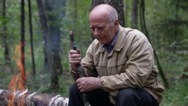 Emekli yaşlı bir adam gece vakti ormanda kamp ateşinde ısınmak için tek başına seyahat ediyor. — Stok video