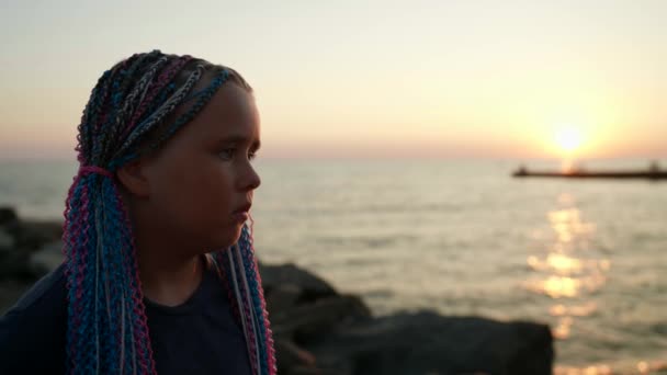 10代の少女の悲しいシルエットの肖像画、ビーチでの日没時に悲しい — ストック動画