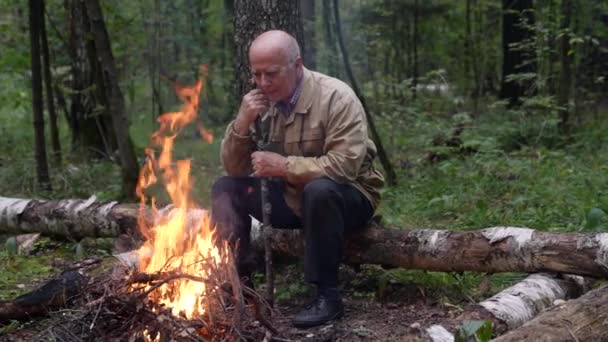Um viajante idoso na floresta por uma fogueira durante o acampamento — Vídeo de Stock