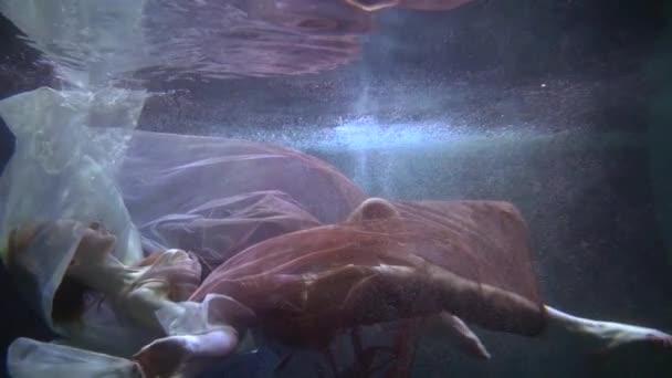 Романтический подводный кадр с плавающей в воде женщиной, грациозная леди плавает под водой — стоковое видео
