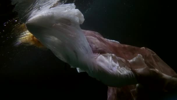 Szürreális és varázslatos víz alatti lövés gyönyörű fiatal nő lebeg a sötétben, lassított felvétel — Stock videók