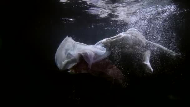 Belle femme gracieuse est plongeant et flottant sous l'eau, faisant un saut périlleux à l'intérieur de l'eau — Video