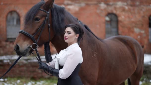 Brunette woman and purebred stallion in old horse yard in winter — Video Stock