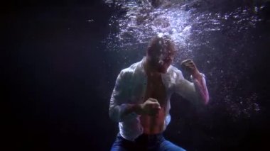 boxer is punching and floundering in water of swimming pool, underwater shot