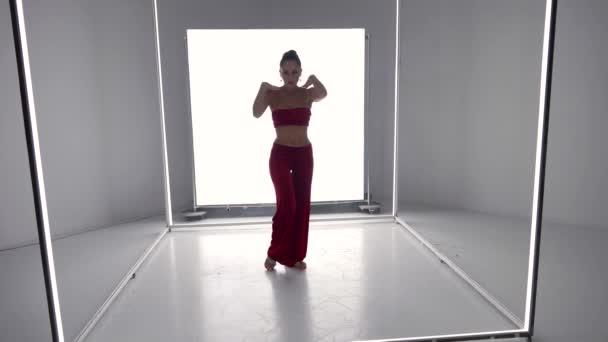 Actuación de danza exótica, señora sexy en rojo está bailando en cubo de iluminación moderna — Vídeos de Stock