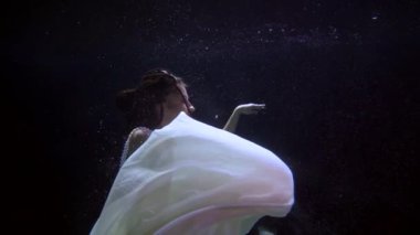 underwater portrait of sensual woman in deep blue background, romantic and sensitive fantasy