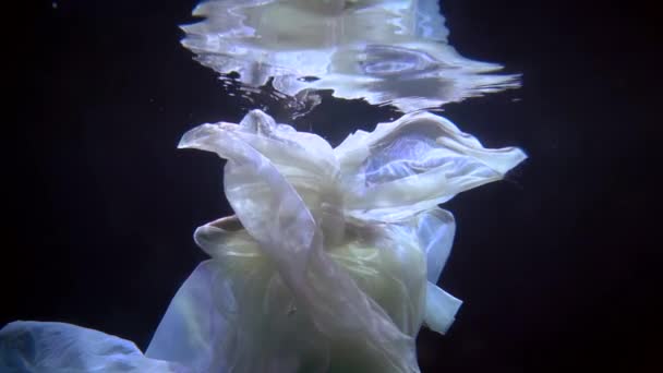 Graceful woman is floating in dark depth and playing with her white dress, slow motion underwater — Vídeo de stock